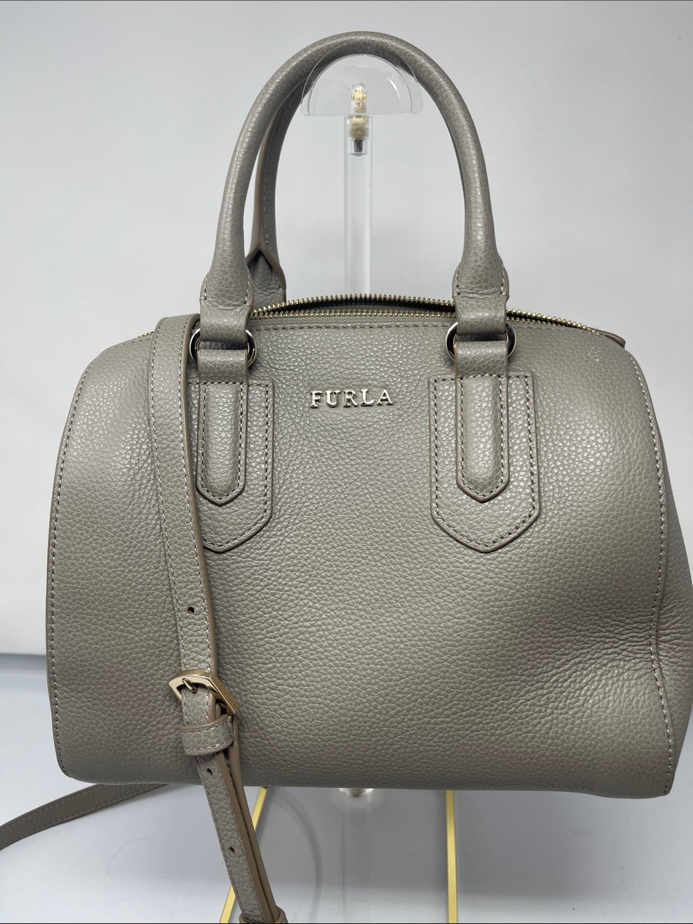 Furla Pebbled Gray Dome Satchel with Detachable Strap